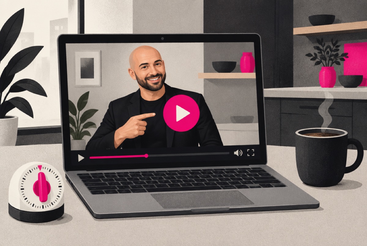 A laptop playing a video of Ben with a big pink play button