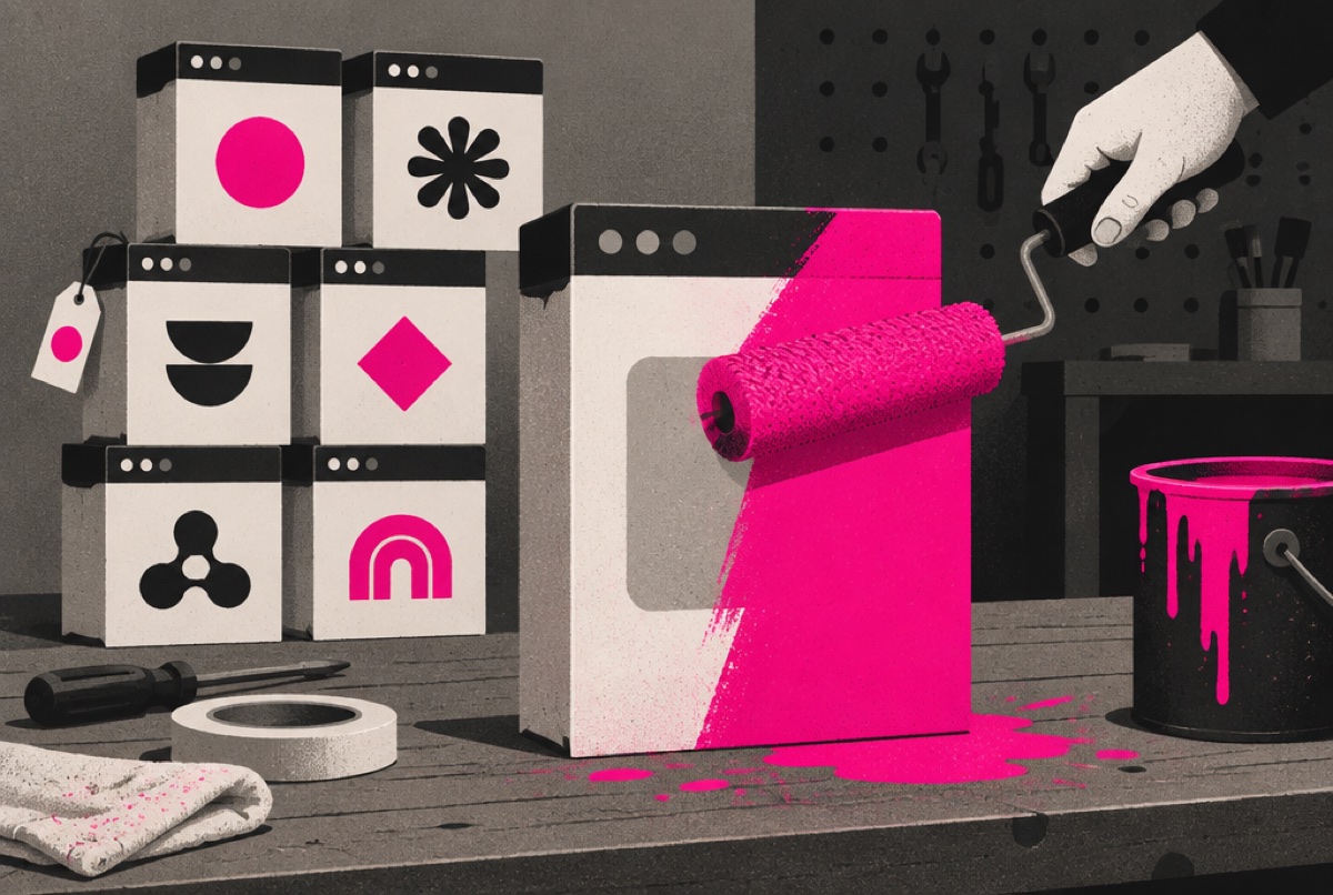 An app being repainted pink, with a stack of copies each wearing a different logo