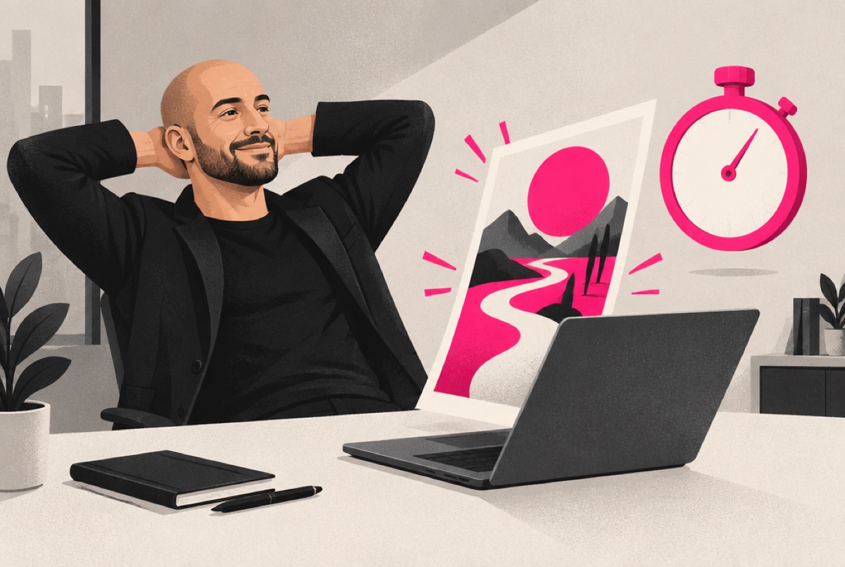 Ben relaxing while a finished graphic pops out of his laptop next to a pink stopwatch