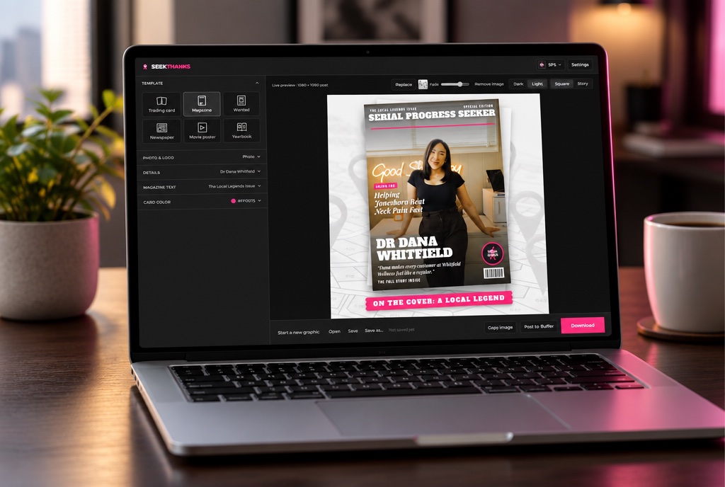 SeekThanks walkthrough: right-click a photo, pick a template, post to Buffer, and watch the post take off