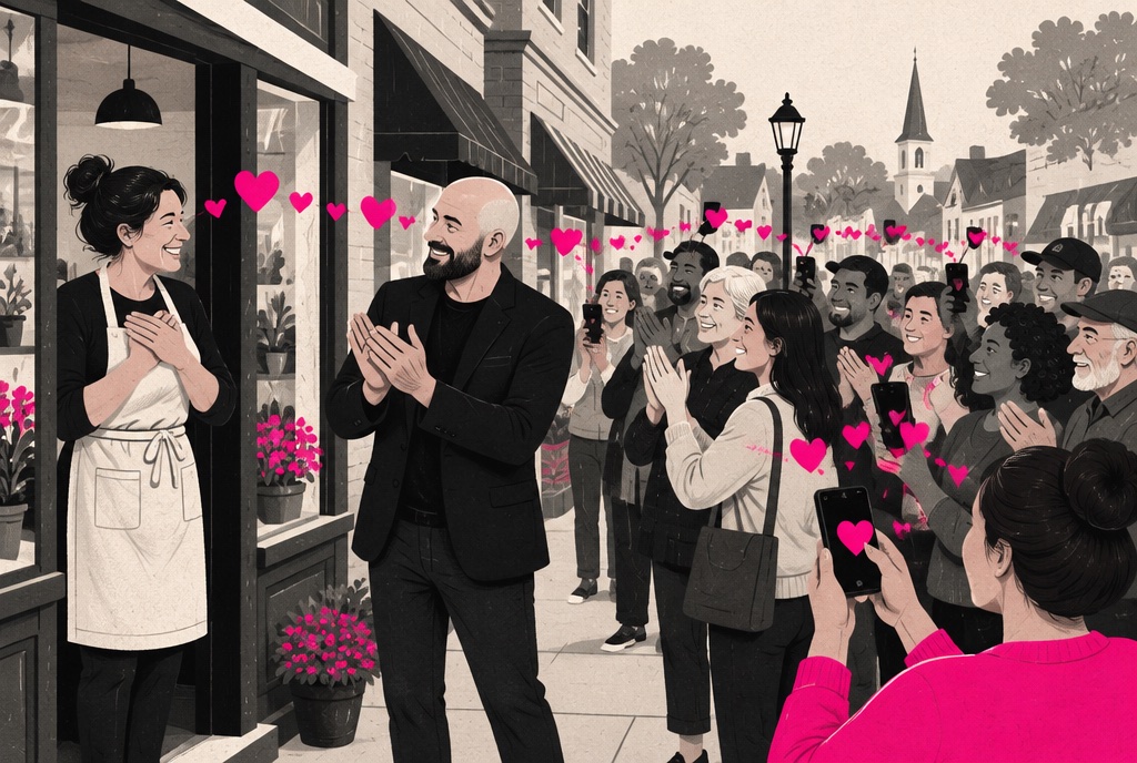 Ben starts the applause for a local shop owner and the whole street joins in, pink hearts passing from phone to phone